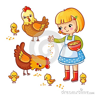 Girl feeding hens and chickens. Cartoon Illustration