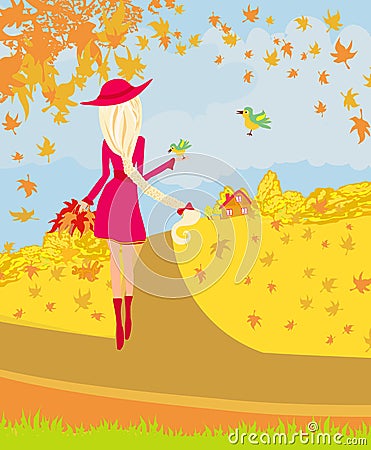 Girl feeds the birds in autumn day Vector Illustration