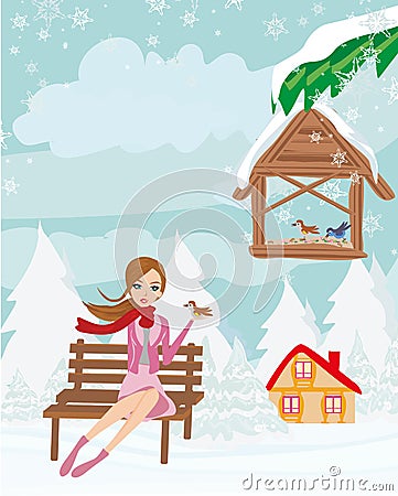 Girl feeds the birds in winter Vector Illustration