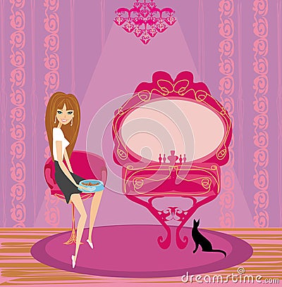 Girl feeds a cat in the house Vector Illustration