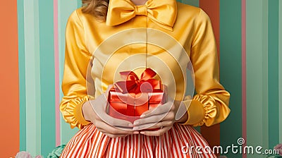 A girl in a festive bright dress holds a gift box in her hands, wrapping paper and ribbons shimmer with candy shades Stock Photo