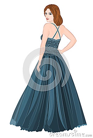 Girl figure in dark blue long dress Vector Illustration