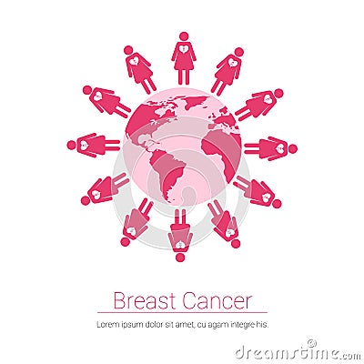 Girl Figures World Map Breast Cancer Awareness Concept Vector Illustration