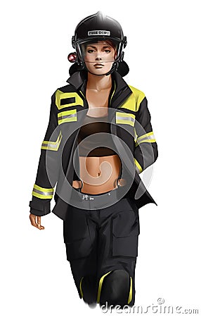 Girl firefighter in a black suit. Watercolor drawing. Watercolor drawing Stock Photo