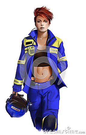 Girl firefighter in a blue suit. Watercolor drawing. Watercolor drawing Stock Photo