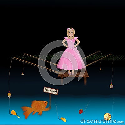 Girl fishing goldfish Cartoon Illustration