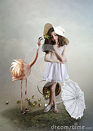 Girl and flamingo Stock Photo