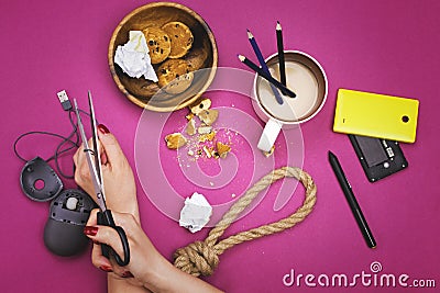 Girl flips out at work. Stress, depression, workplace. Stock Photo