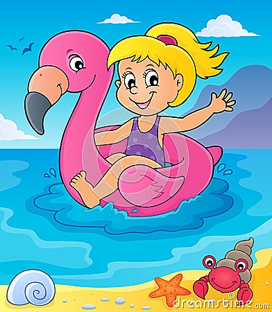 Girl floating on inflatable flamingo 4 Vector Illustration