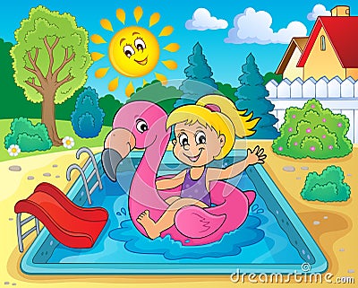 Girl floating on inflatable flamingo 2 Vector Illustration