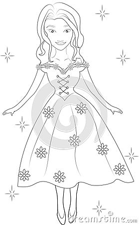 Girl in a floral dress coloring page Stock Photo