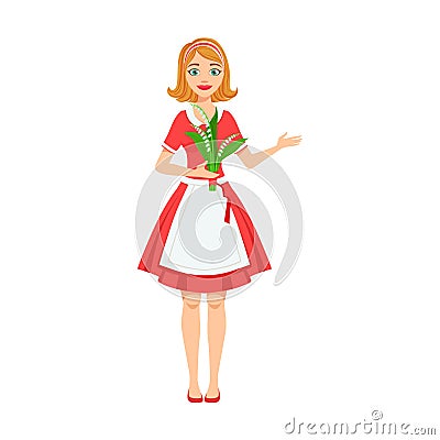 Girl Florist In Apron Working As Flower Shop Attendant Holding Bouquet Of Lily Of The Valley In Hands Vector Illustration