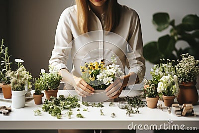 Girl florist collecting a bouquet of flowers Stock Photo