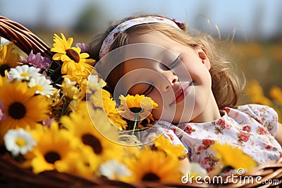 Girl with flower basket in meadow. Restful moment surrounded by blooming flowers. Allergy concept. Stock Photo