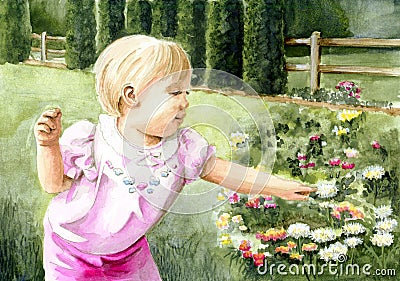 Girl in Flower Garden Stock Photo