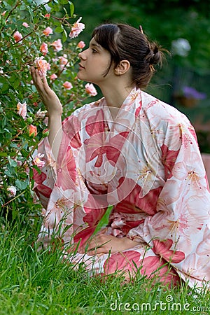 Girl in a flower yukata Stock Photo