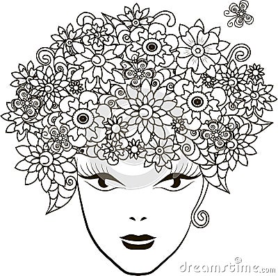 Girl with flowers hair, coloring page anti-stress Vector Illustration