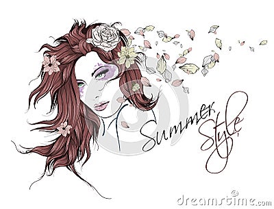 Girl with flowers in her hair Vector Illustration