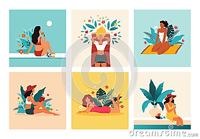 Girl with flowers. Mental health, beauty and fashion, relax on summer beach, nature and freedom spa mood. Woman drink Vector Illustration