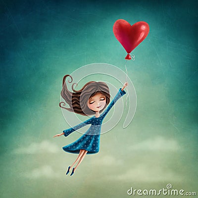 Girl flying with heart balloon Stock Photo