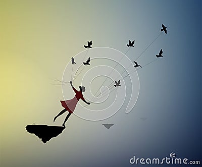 Girl is flying and holding pigeons, fly in the dream, shadows, life on flying rock, Vector Illustration