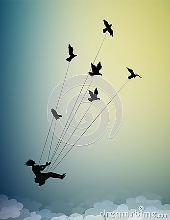 Girl is flying and holding pigeons, fly in the dream up to the sky, childhood memories, silhouette shadows Vector Illustration