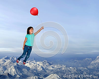 Girl Flying, Imagination, Red Balloon Stock Photo