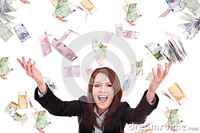 Girl with flying money. Stock Photo