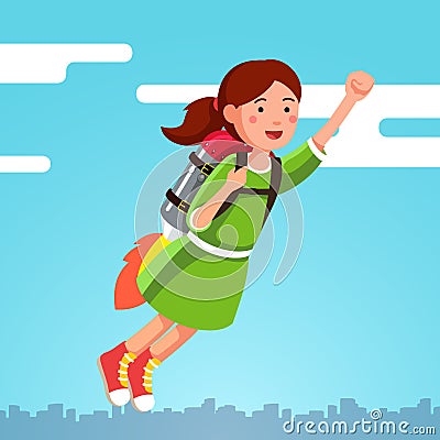 Girl flying in the sky clouds on a rocket jetpack Vector Illustration