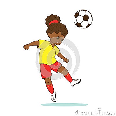 The girl football player beats the soccer ball with her head. Vector in cartoon style, comic flat Vector Illustration