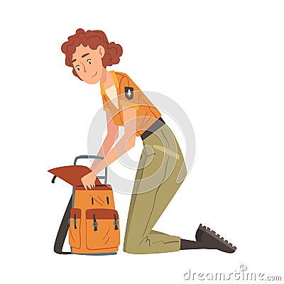 Girl Forest Ranger with Backpack, National Park Service Employee Character in Uniform Cartoon Style Vector Illustration Vector Illustration