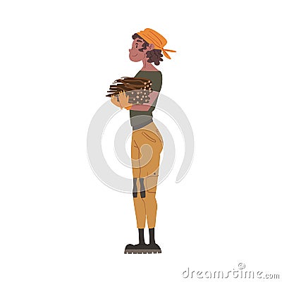 Girl Forest Ranger Carrying Bundle of Firewood, National Park Service Employee Character in Uniform Cartoon Style Vector Vector Illustration