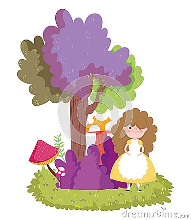 Girl forest tree bush mushroom nature Vector Illustration