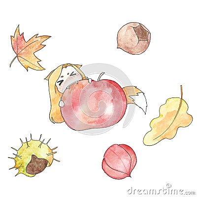 Girl fox wolf bites an apple, maple oak leaves, chestnut, nut. Watercolor and liner Vector Illustration
