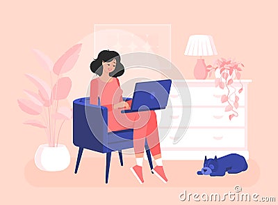 Girl freelancer is sitting in a chair with notebook Vector Illustration