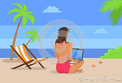 Girl-Freelancer Works on Laptop at Tropical Beach Vector Illustration