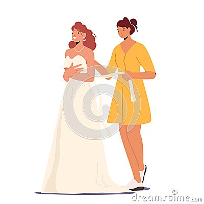 Girl Friend Help Beautiful Bride to Lace Dress before Wedding Ceremony , Marriage Event Isolated on White Background Vector Illustration