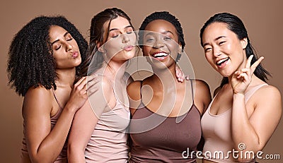 Girl friends, diversity and model group portrait feeling happy about skincare, wellness and skin glow. Women, beauty and Stock Photo