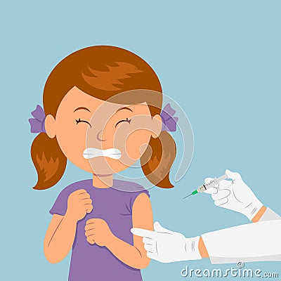 The girl frowned at the sight of a syringe. The child is afraid of injection. Caring for immunity. Healthcare Vector Illustration