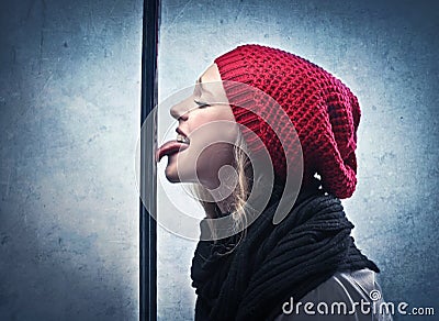 Girl Frozen Tongue Stock Photo