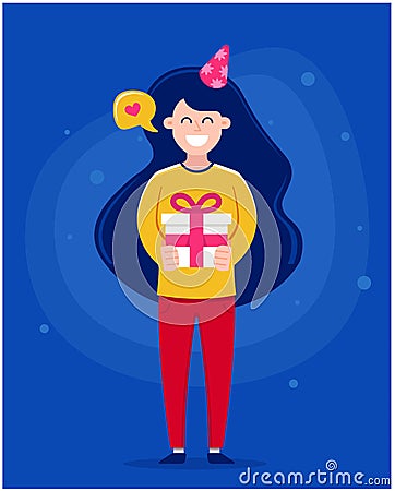 Girl in full growth gives a gift to your loved one. celebrates birthday character vector Vector Illustration