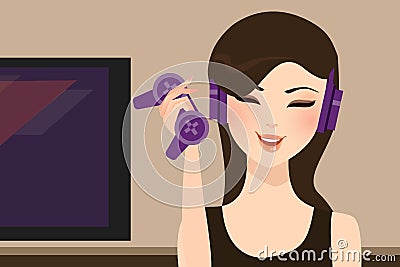 Girl gamer holding joy stick wearing head set Vector Illustration