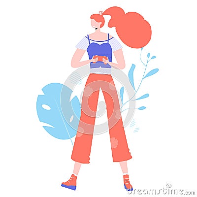 Girl gamer with joystick in her hands Vector Illustration