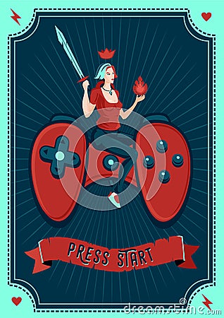 Girl gamer vector poster. Video games illustration with woman and gamepad. Vintage style graphic. Cartoon character. Vector Illustration