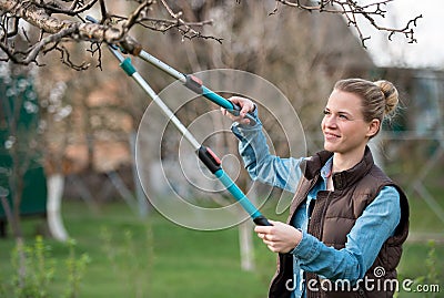 Girl gardener working in the spring garden and trimming tree Stock Photo