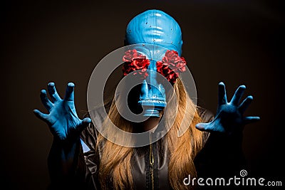 Girl with a gas mask on a grey background Stock Photo