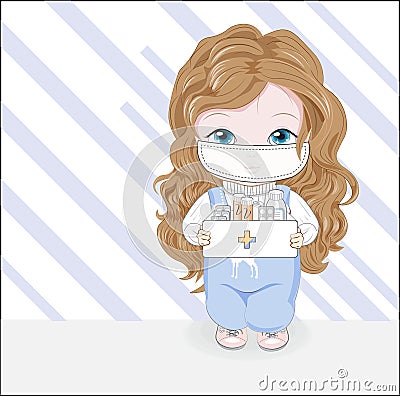 Girl in gauze bandage and first-aid kit Vector Illustration