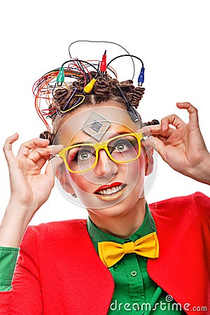 Girl geek. Computer technician. Glasses. Stock Photo