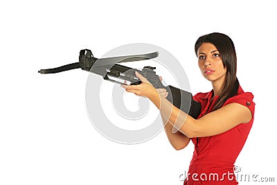 Girl gets on hip an arbalest Stock Photo