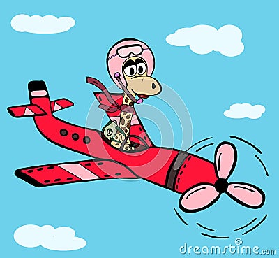 girl giraffe in a pink helmet flies in the sky amidst white clouds on a red airplane Vector Illustration